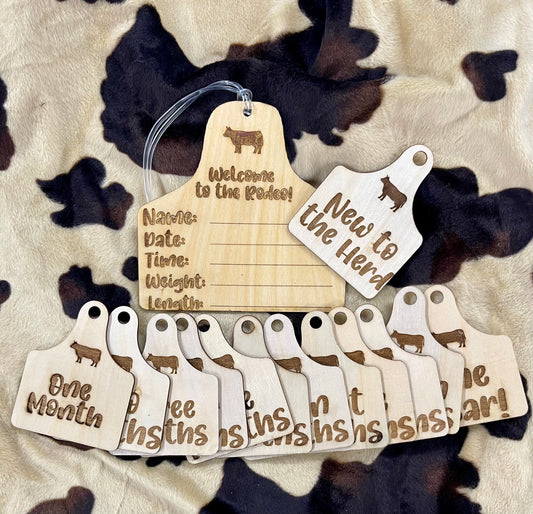 Cow Tag Western Monthly Milestone - Cow Baby Gift- Birth Announcement Sign - Baby Shower - Ear Tag Gift - Hospital Sign